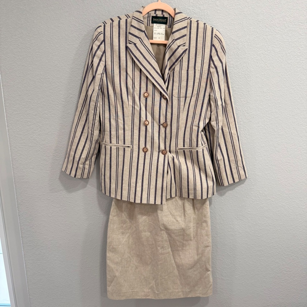 VTG Harve Benard WOMENS 10‎ Linen Cotton Striped Blazer Skirt Suit Set Tan Navy